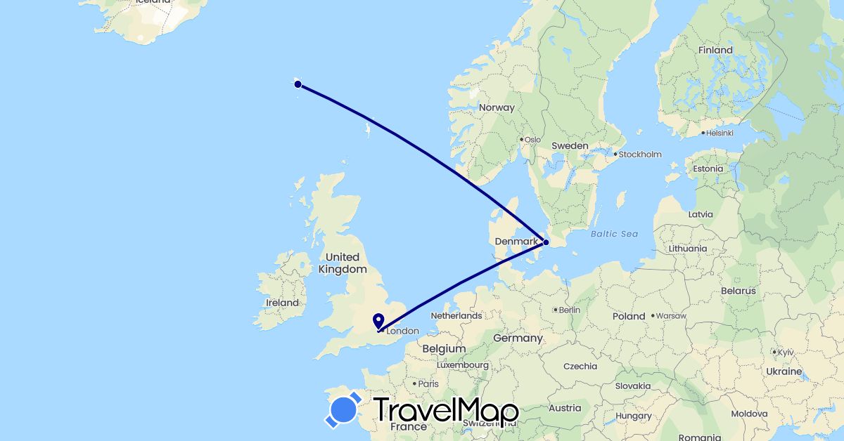 TravelMap itinerary: driving in Denmark, Faroe Islands, United Kingdom (Europe)